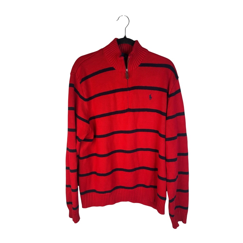Polo Ralph Lauren Men's Red Striped Classic Quarter Zip Cotton Sweater Size XL